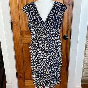 Adrianna Papell Navy Blue White Yellow Polka Dot V Neck Sleeveless Dress 14